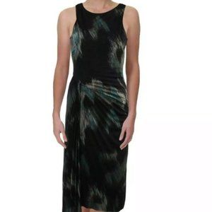 Halston Heritage Black Dress with Teal and Ivory Brushstroke Print